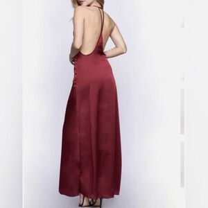 Sleeveless Satin Halter Maxi Dress in Deep Burgundy